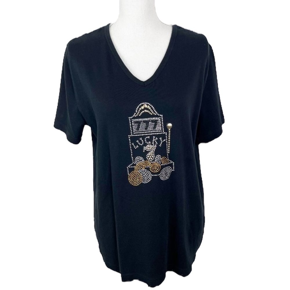 Lyn Dorf Shirt Women Extra Large Black Gold Lucky 7 Rhinestone Studs V-Neck Tee